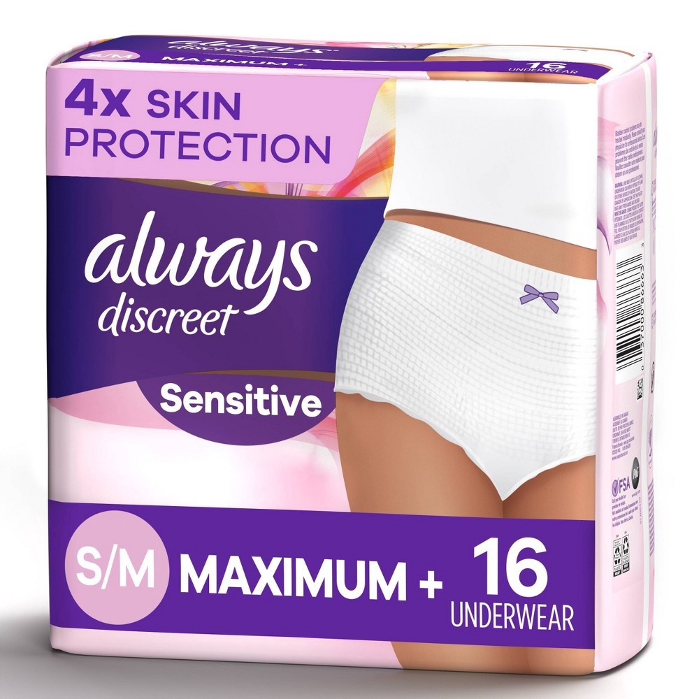 slide 3 of 10, Always Discreet for Sensitive Skin Underwear, Four Times Skin Protection, Dermatologically Tested, Fragrance-Free, Maximum Absorbency, 16 CT S/M, 16 ct