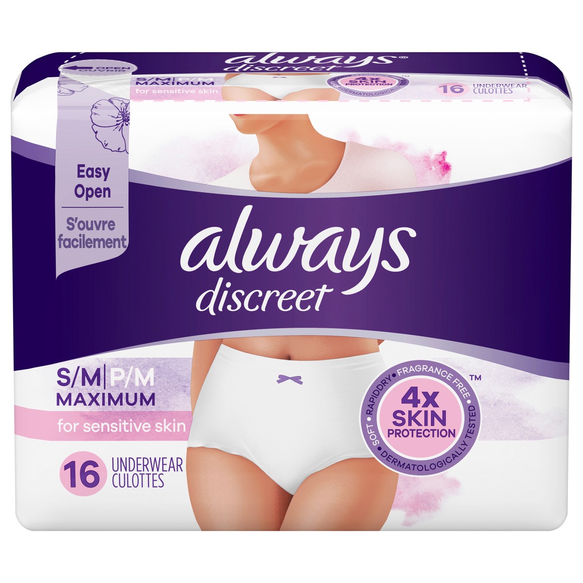 slide 1 of 10, Always Discreet for Sensitive Skin Underwear, Four Times Skin Protection, Dermatologically Tested, Fragrance-Free, Maximum Absorbency, 16 CT S/M, 16 ct