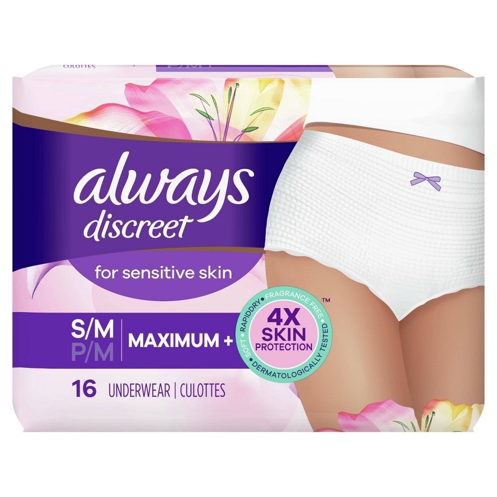 slide 6 of 10, Always Discreet for Sensitive Skin Underwear, Four Times Skin Protection, Dermatologically Tested, Fragrance-Free, Maximum Absorbency, 16 CT S/M, 16 ct