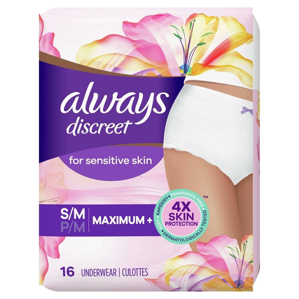 slide 7 of 10, Always Discreet for Sensitive Skin Underwear, Four Times Skin Protection, Dermatologically Tested, Fragrance-Free, Maximum Absorbency, 16 CT S/M, 16 ct