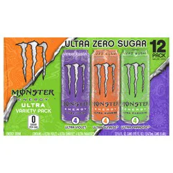 Monster Energy Zero Sugar Ultra Violet/Ultra Sunrise/Ultra Paradise Energy Drink Variety Pack 12 - 16 fl oz Cans