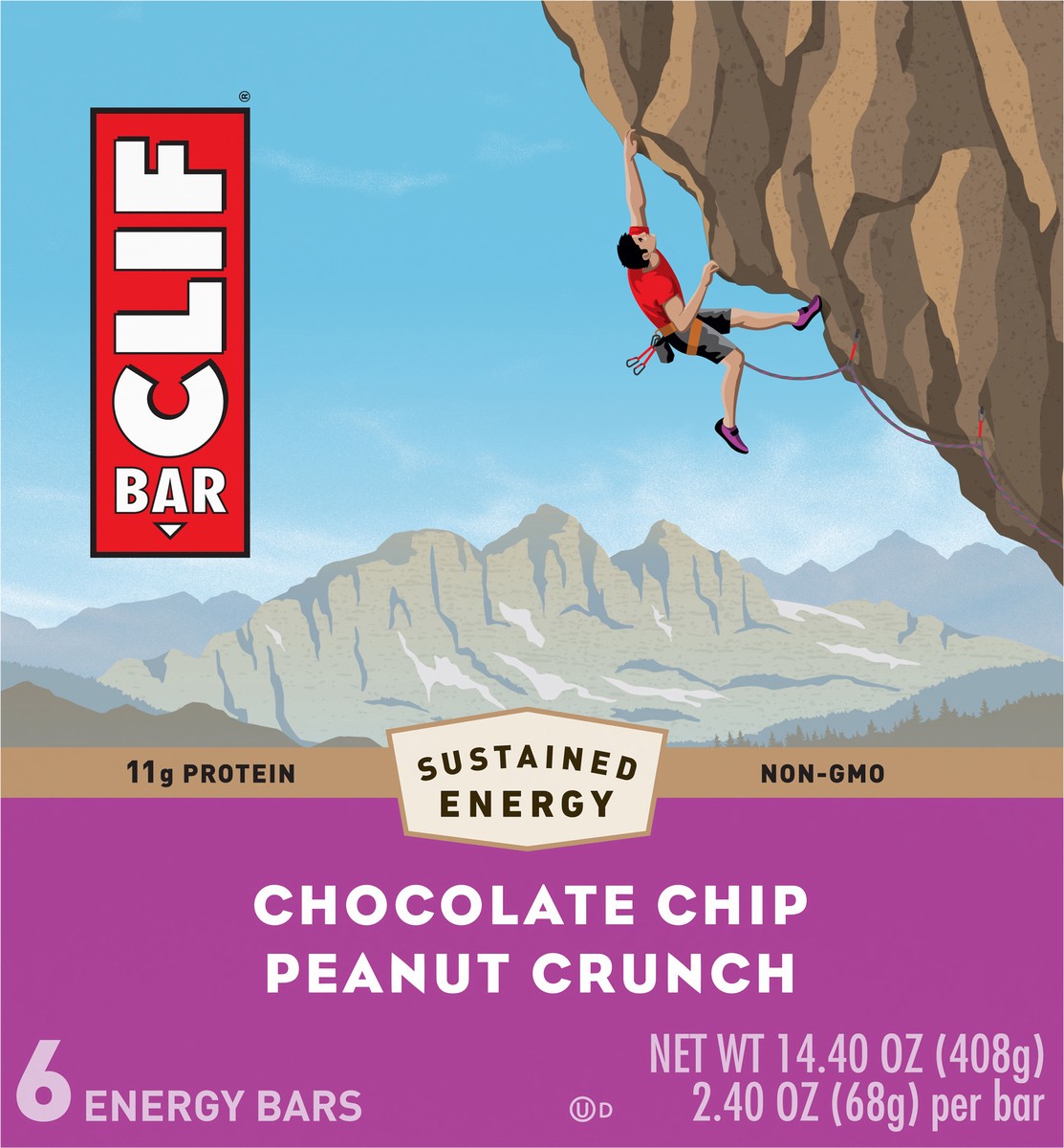 slide 10 of 11, CLIF BAR - Chocolate Chip Peanut Crunch - Made with Organic Oats - 11g Protein - Non-GMO - Plant Based - Energy Bars - 2.4 oz. (6 Pack), 14.4 oz