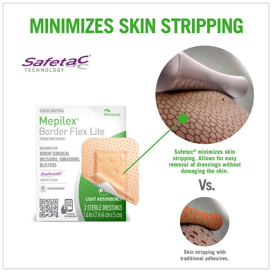 slide 3 of 5, Mepilex Border Flex Lite Light Absorbency Foam Dressing 3 ea, 3 ct