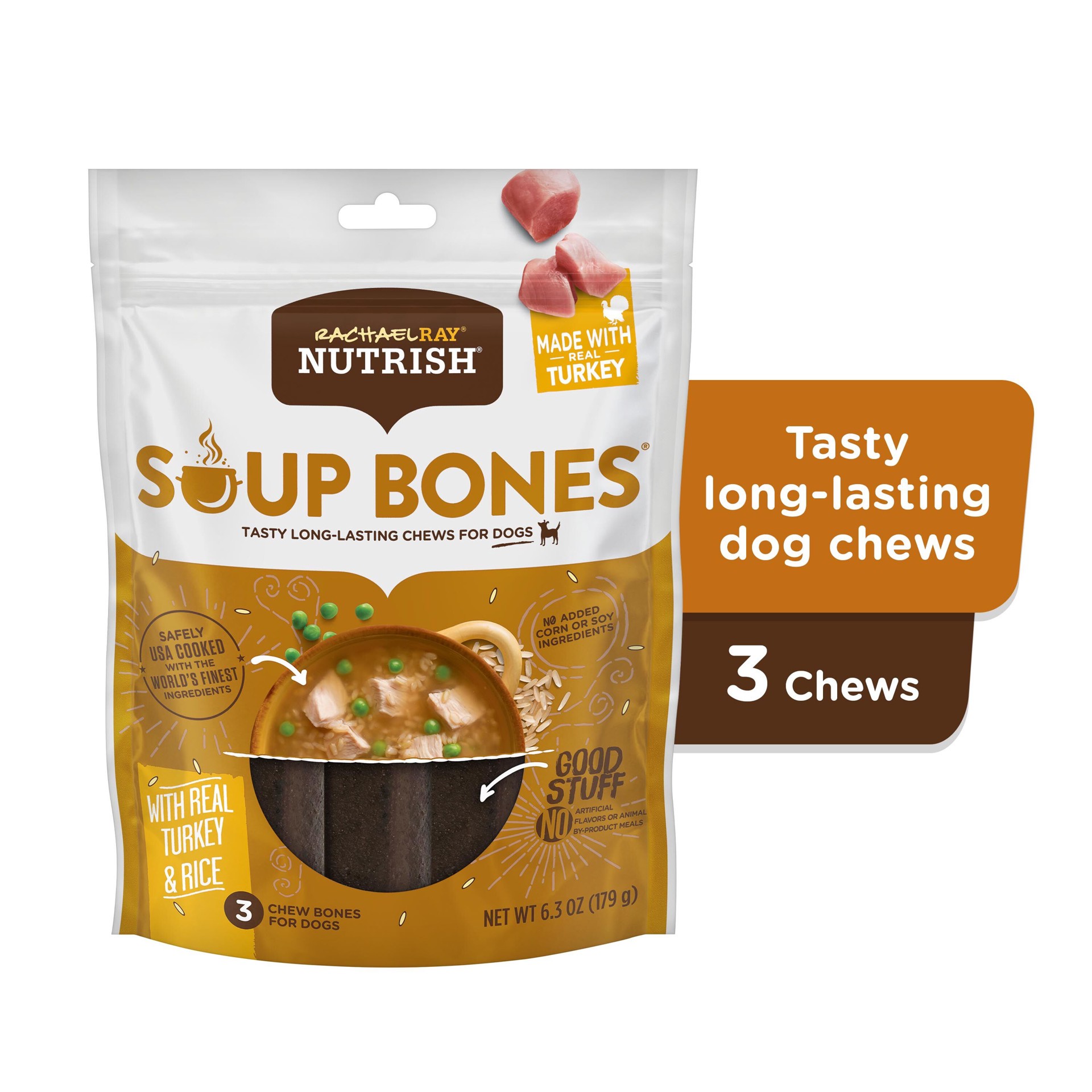 slide 8 of 9, Rachael Ray Nutrish Soup Bones With Real Turkey & Rice, 3 Dog Chews, 6.3 oz