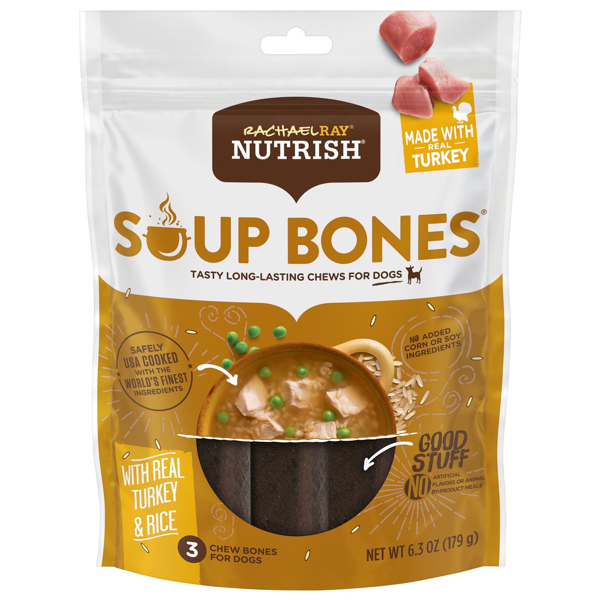 slide 1 of 9, Rachael Ray Nutrish Soup Bones With Real Turkey & Rice, 3 Dog Chews, 6.3 oz