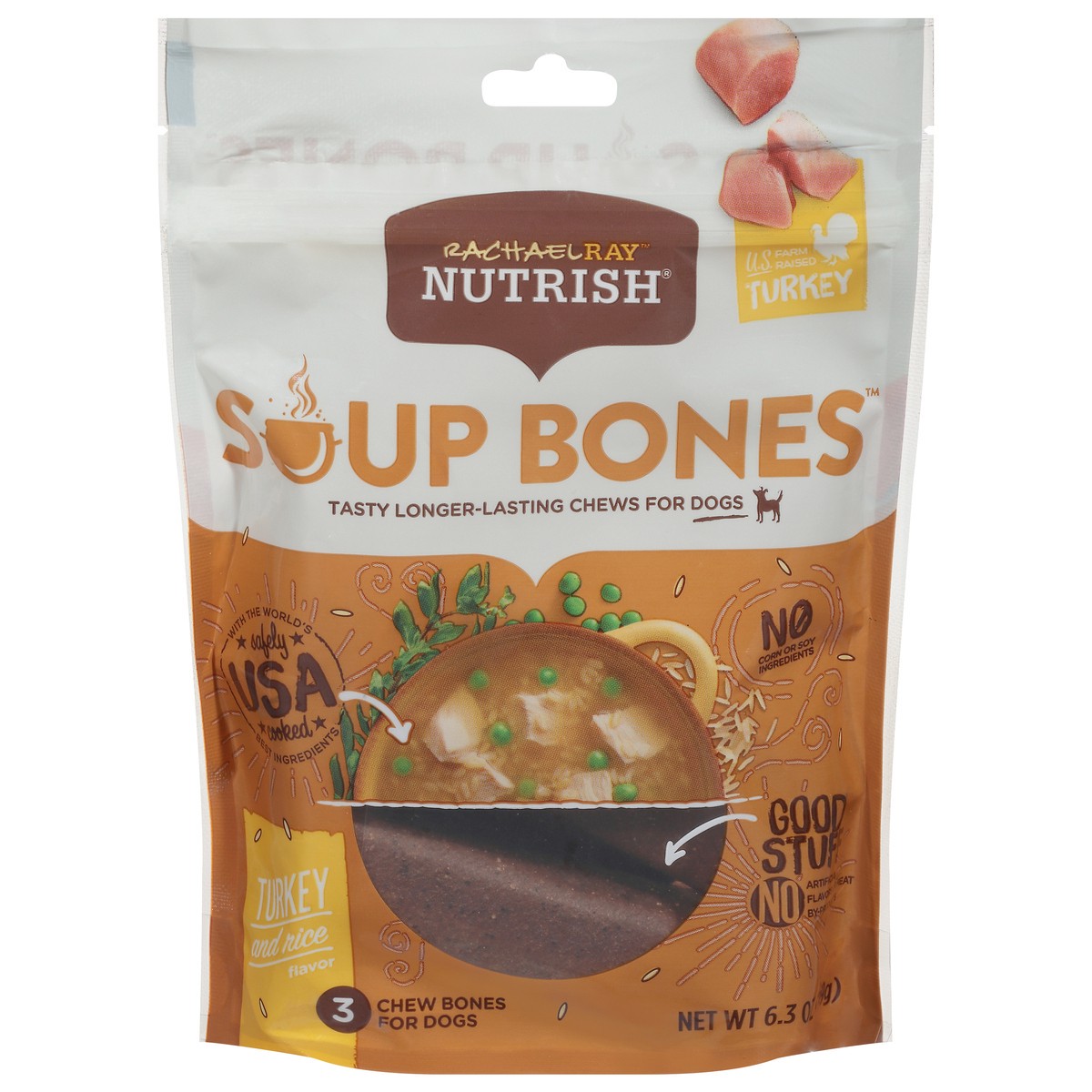 slide 1 of 9, Rachael Ray Nutrish Soup Bones With Real Turkey & Rice, 3 Dog Chews, 6.3 oz