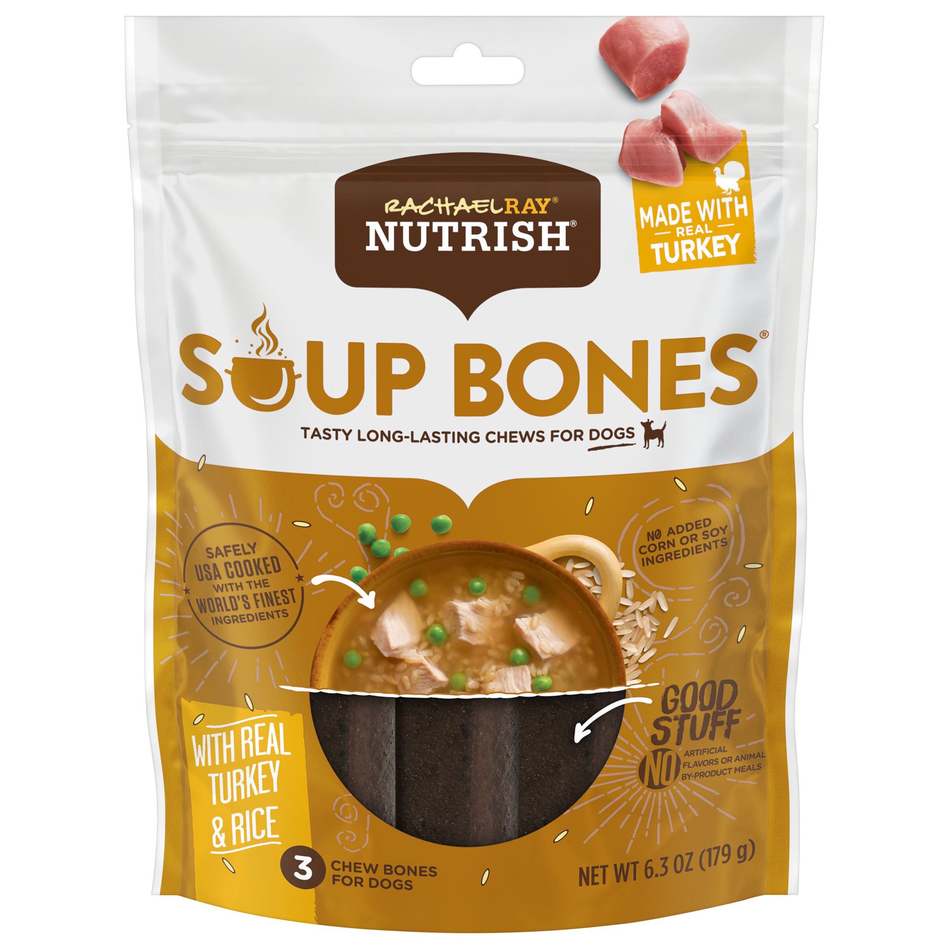 slide 1 of 9, Rachael Ray Nutrish Soup Bones With Real Turkey & Rice, 3 Dog Chews, 6.3 oz