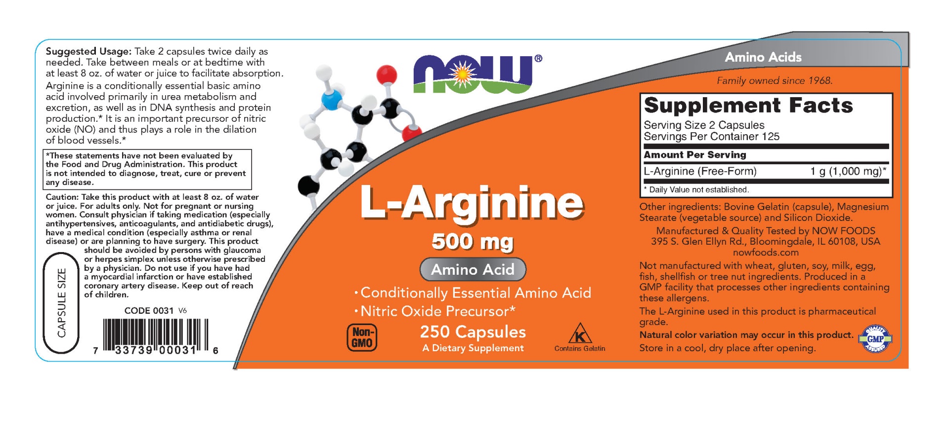 slide 2 of 2, NOW L-Arginine 500 mg, 250 ct