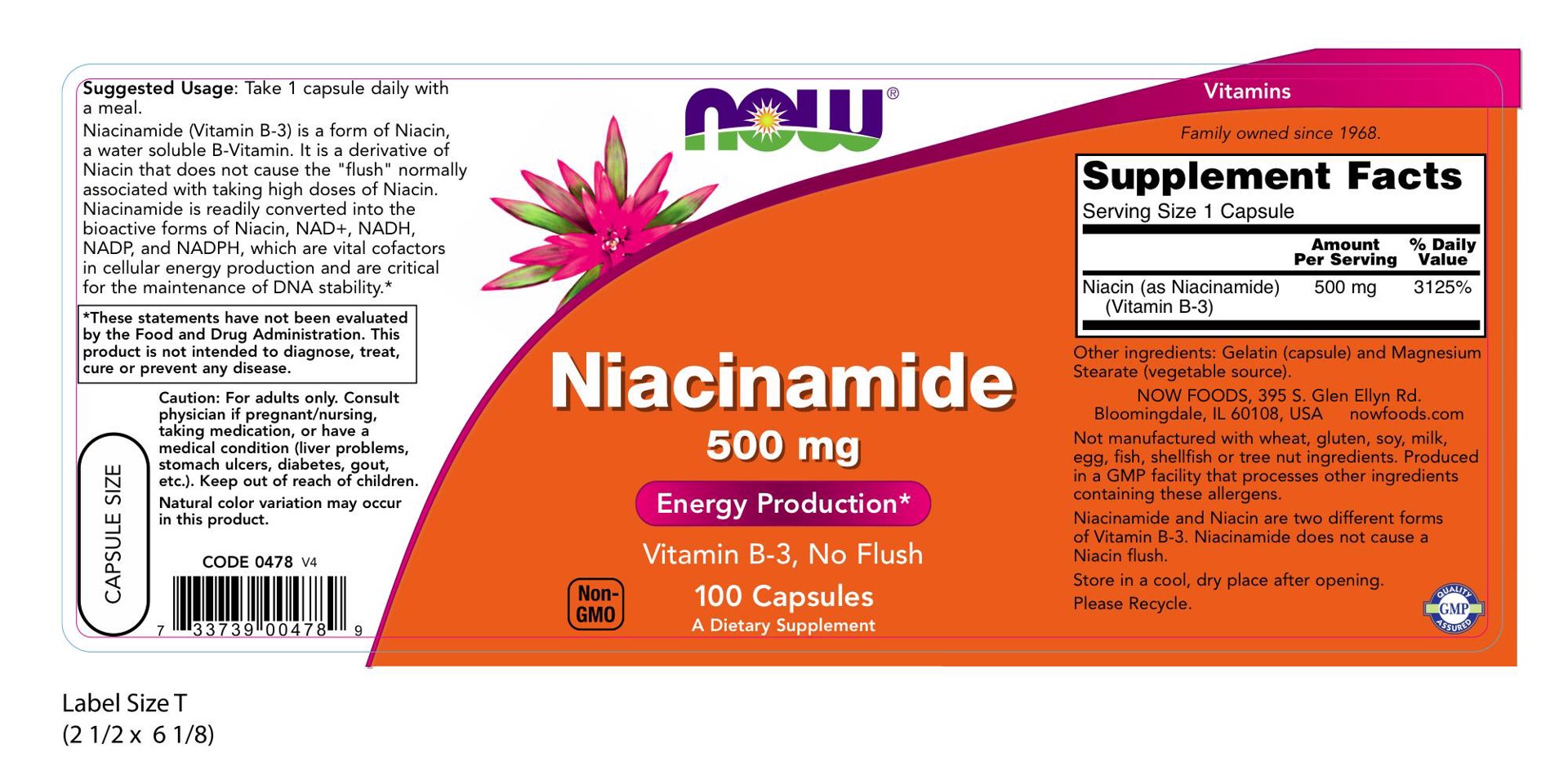 slide 2 of 2, NOW Niacinamide 500 mg Capsules, 100 ct
