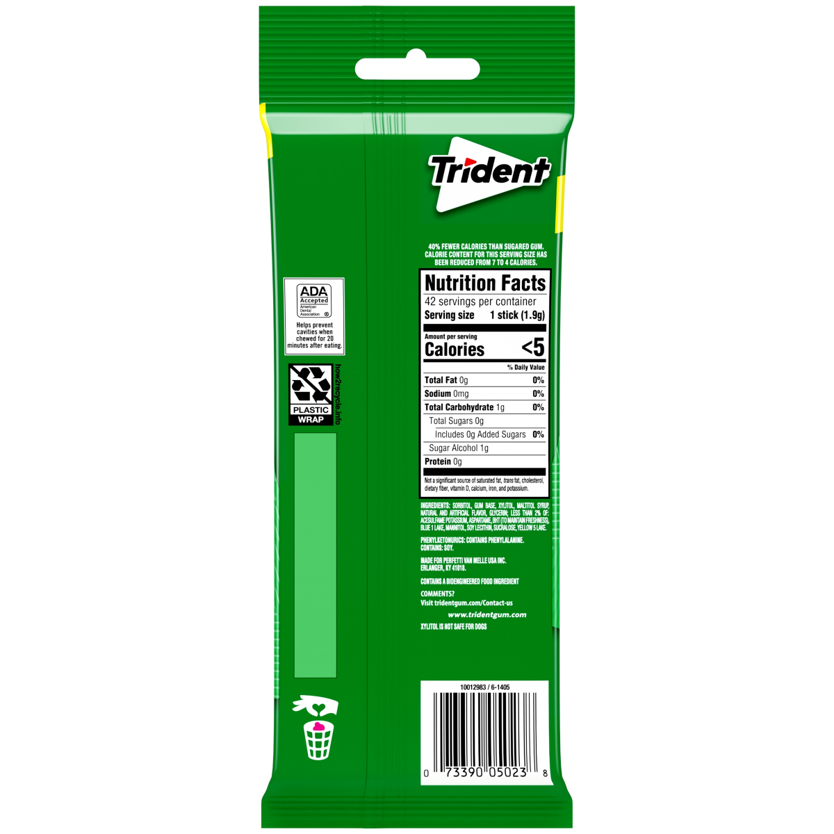 slide 2 of 2, Trident Spearmint Flavor Sugar Free Gum, 3 Packs of 14 Pieces (42 Total Pieces), 3 pk; 14 ct