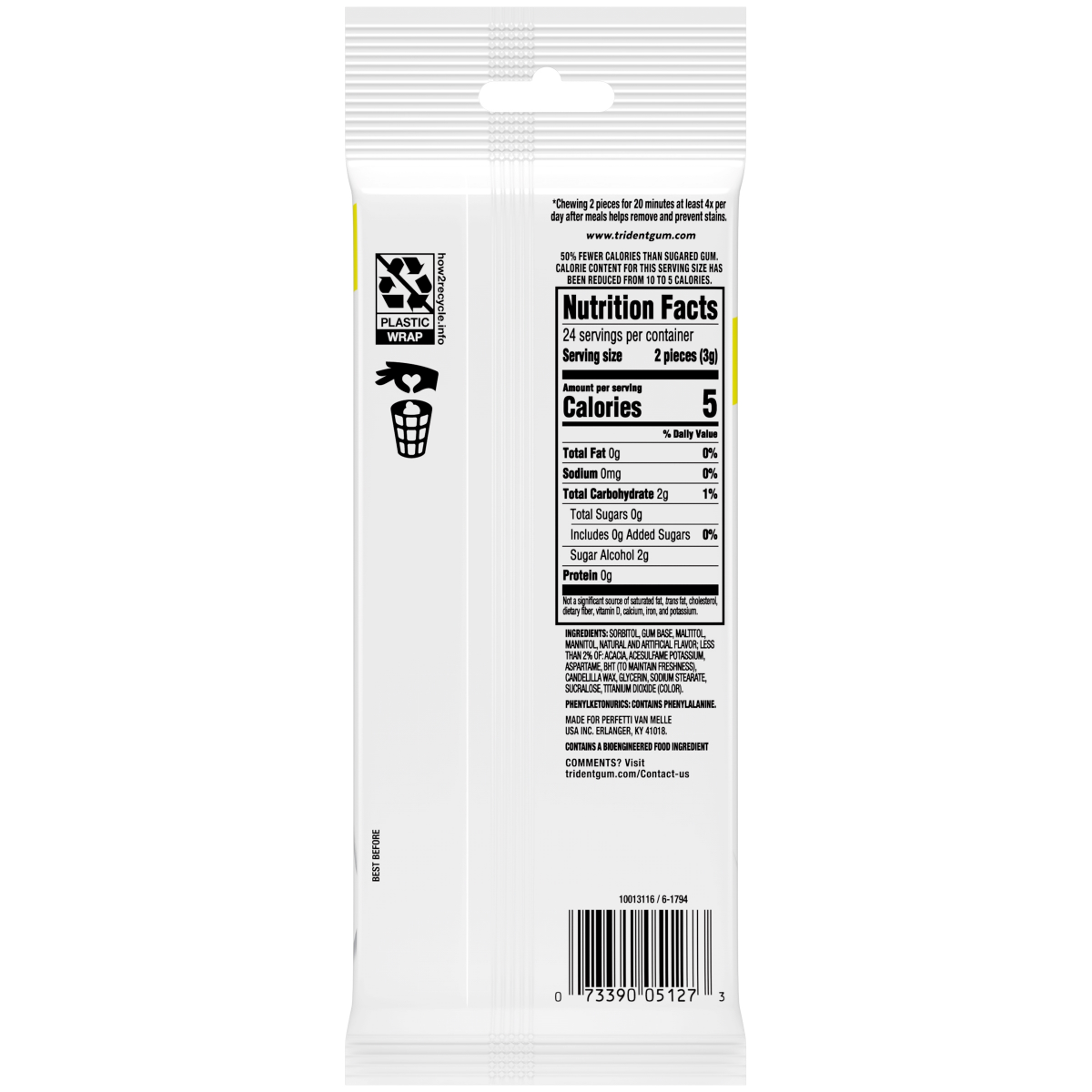 slide 2 of 2, Trident White Sugar Free Gum, Peppermint Flavor, 3 Packs (48 Pieces Total), 3 ct, 48 ct