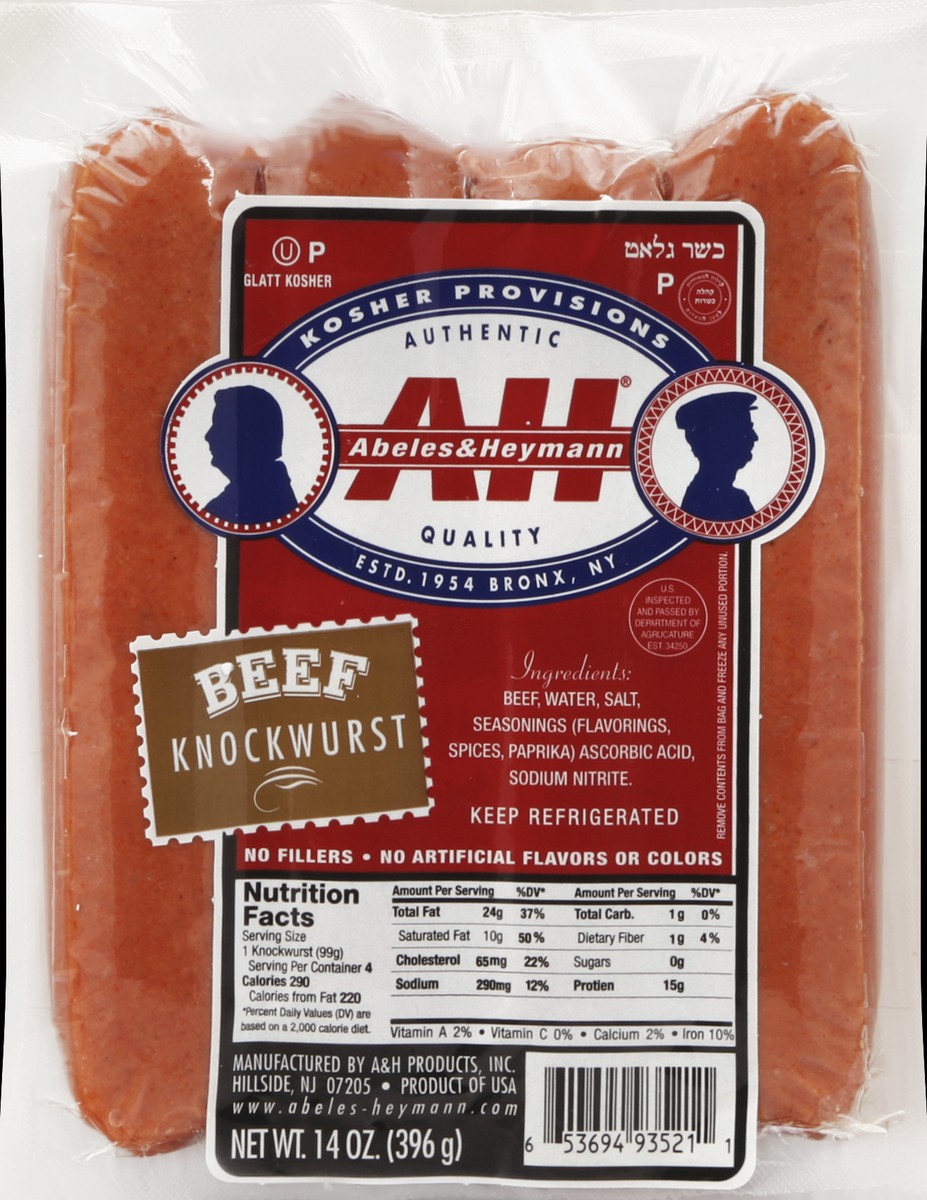 slide 5 of 5, A & H Beef Knockwurst, 14 oz