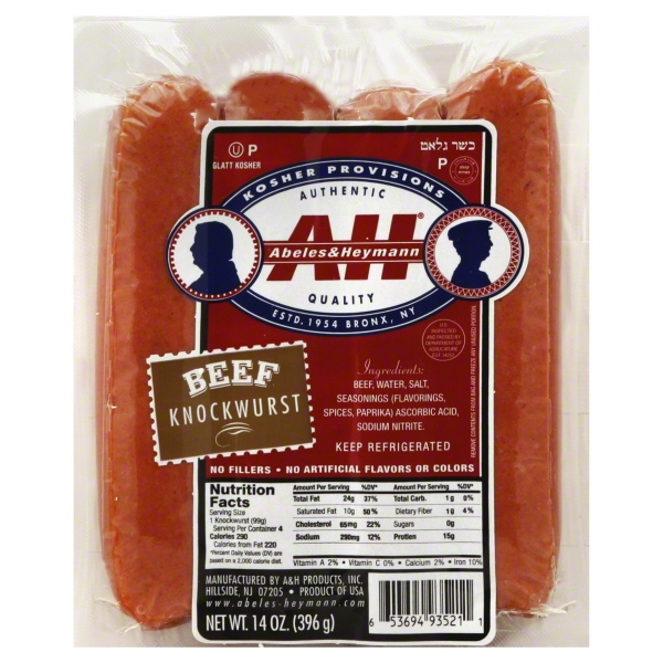 slide 1 of 1, A & H Beef Knockwurst, 14 oz