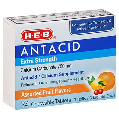 slide 1 of 1, H-E-B Antacid Extra Strength 750 mg Assorted Fruit Flavors Chewable Tablets, 24 ct