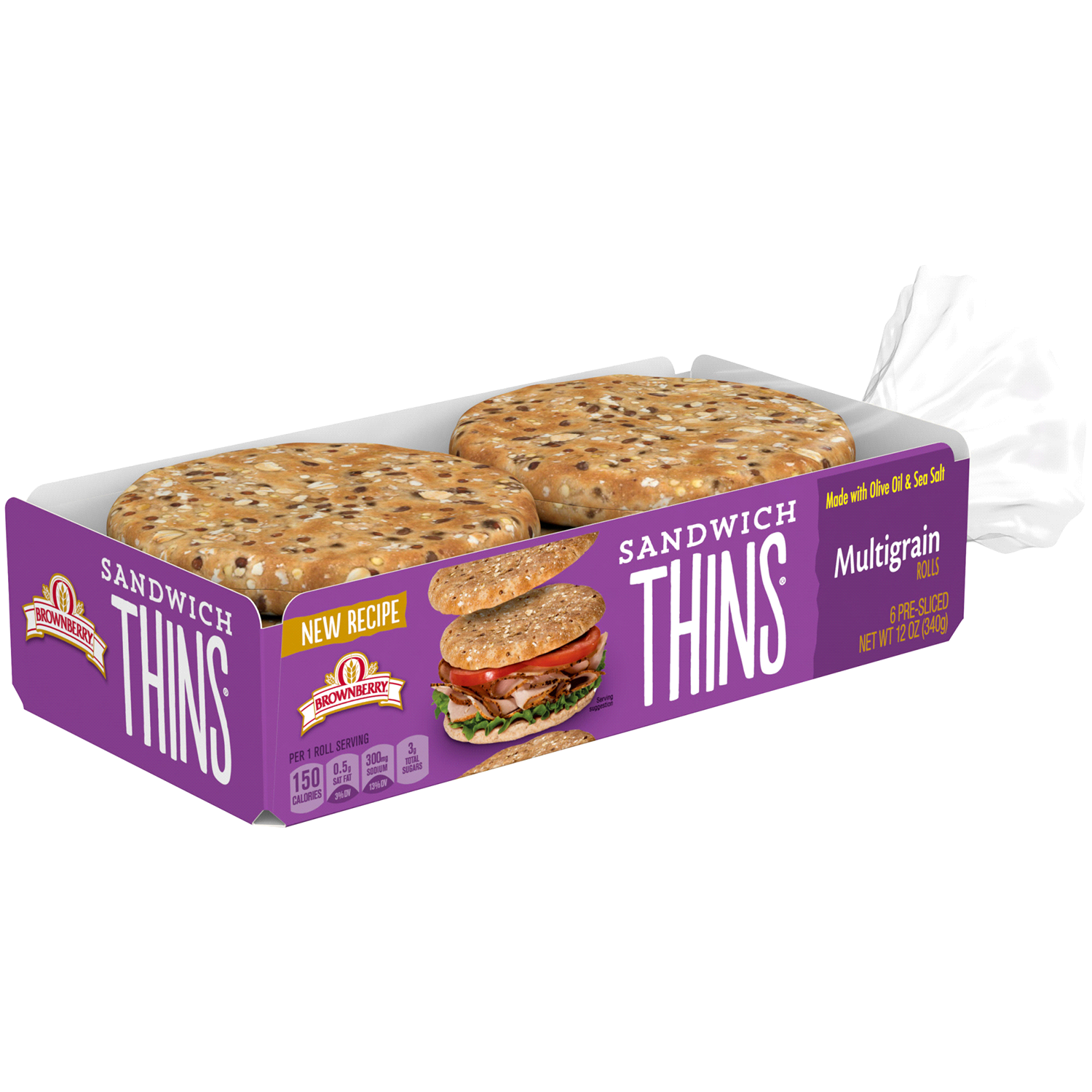 slide 2 of 3, Brownberry Sandwich Thins Multigrain Rolls, 6 count, 12 oz, 6 ct