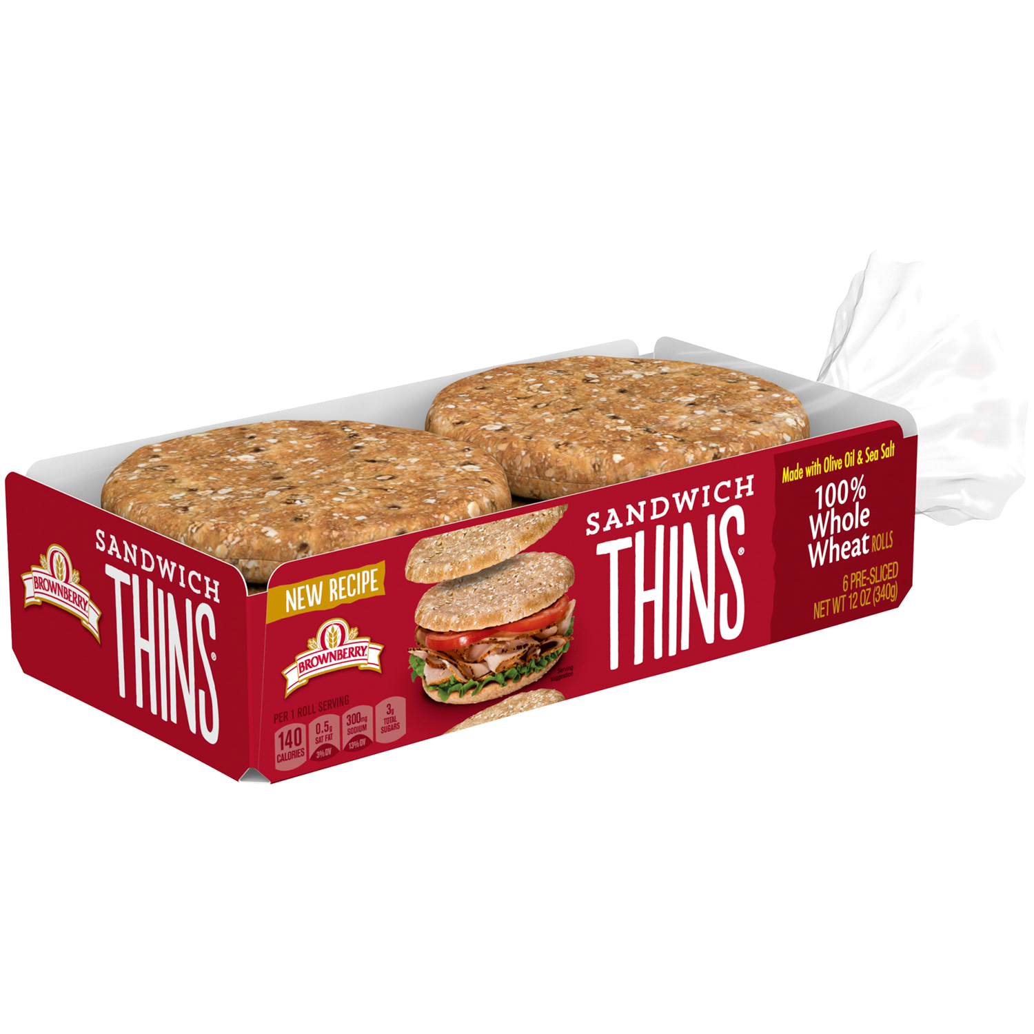 slide 2 of 3, Oroweat Brownberry Sandwich Thins Whole Wheat Rolls, 6 count, 12 oz, 6 ct