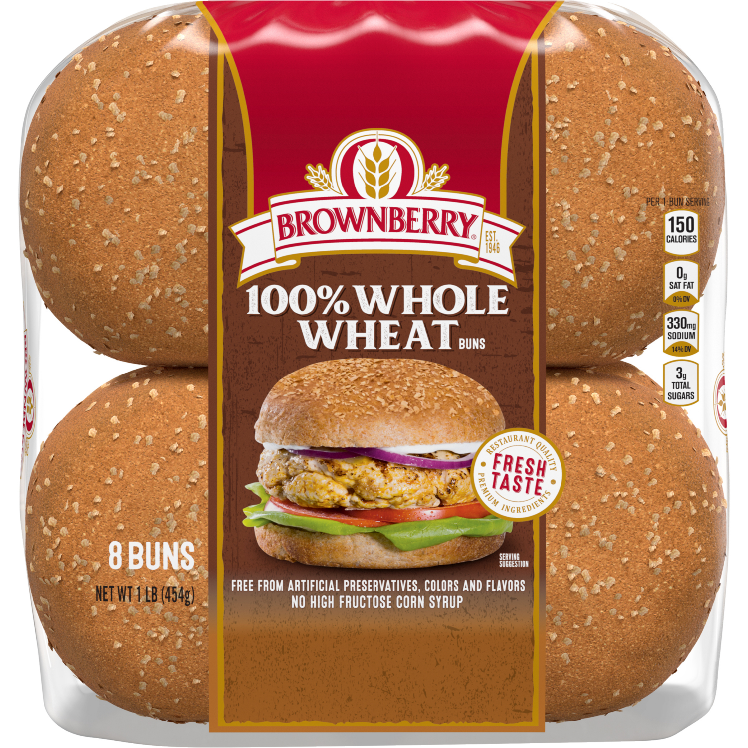 slide 1 of 3, BROWNBERRY Whole Grains 100% Whole Wheat Sandwich Buns, 16 oz