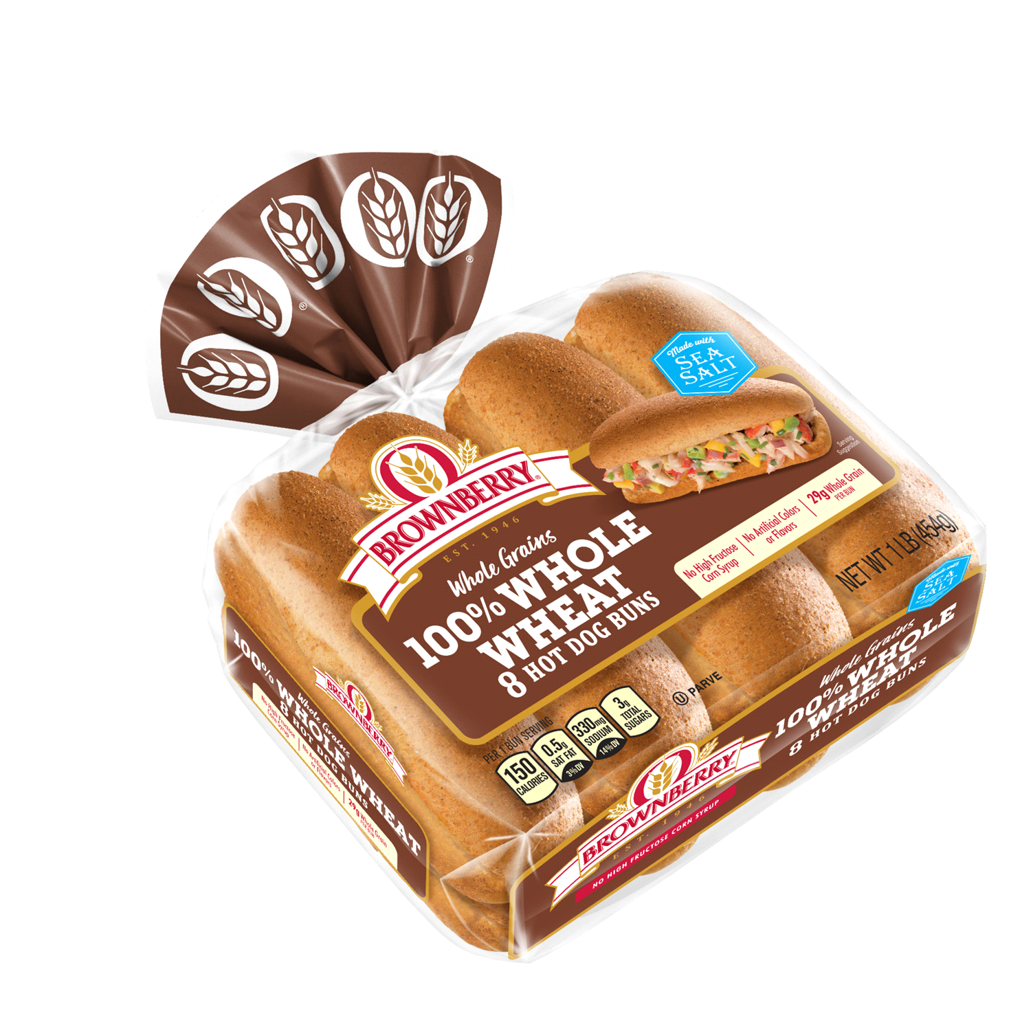 slide 2 of 2, Brownberry 100% Whole Wheat Hot Dog Buns, 8 count, 16 oz, 1 lb