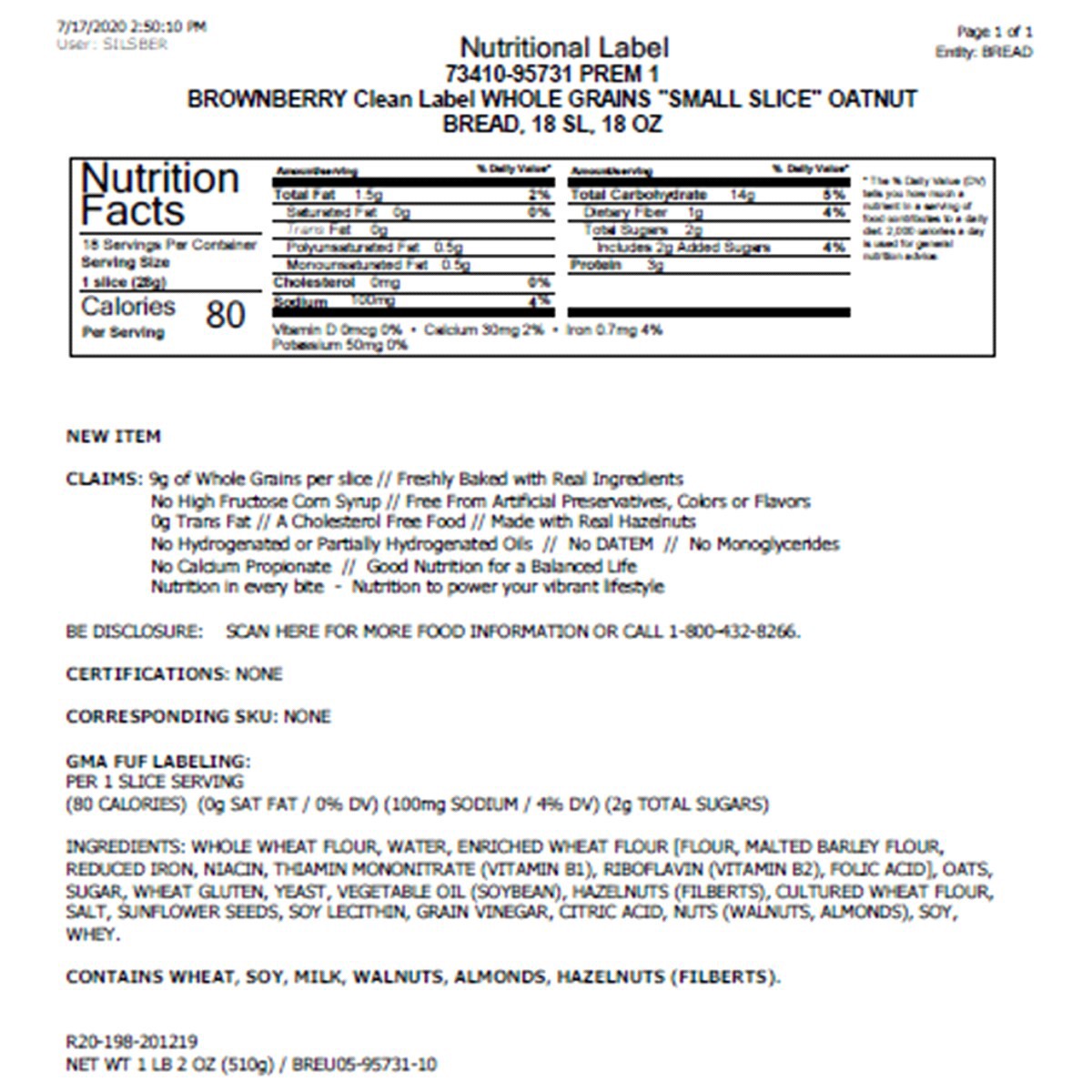 slide 2 of 2, Brownberry Whole Grains Small Slice Oatnut, 18 oz