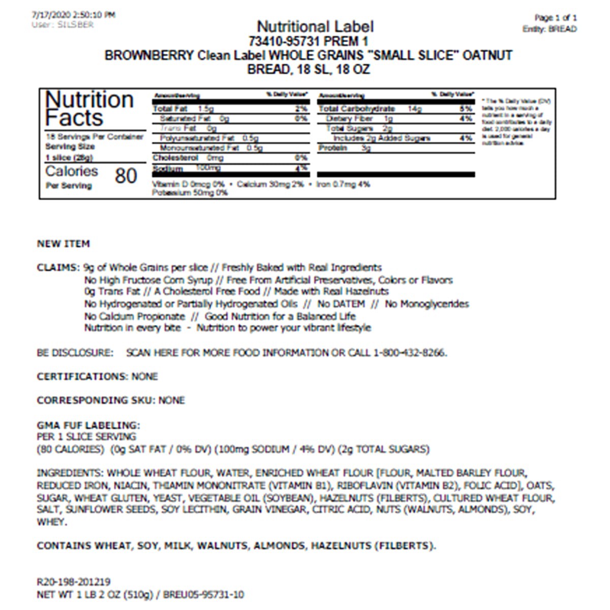 slide 2 of 2, Brownberry Whole Grains Small Slice Oatnut, 18 oz