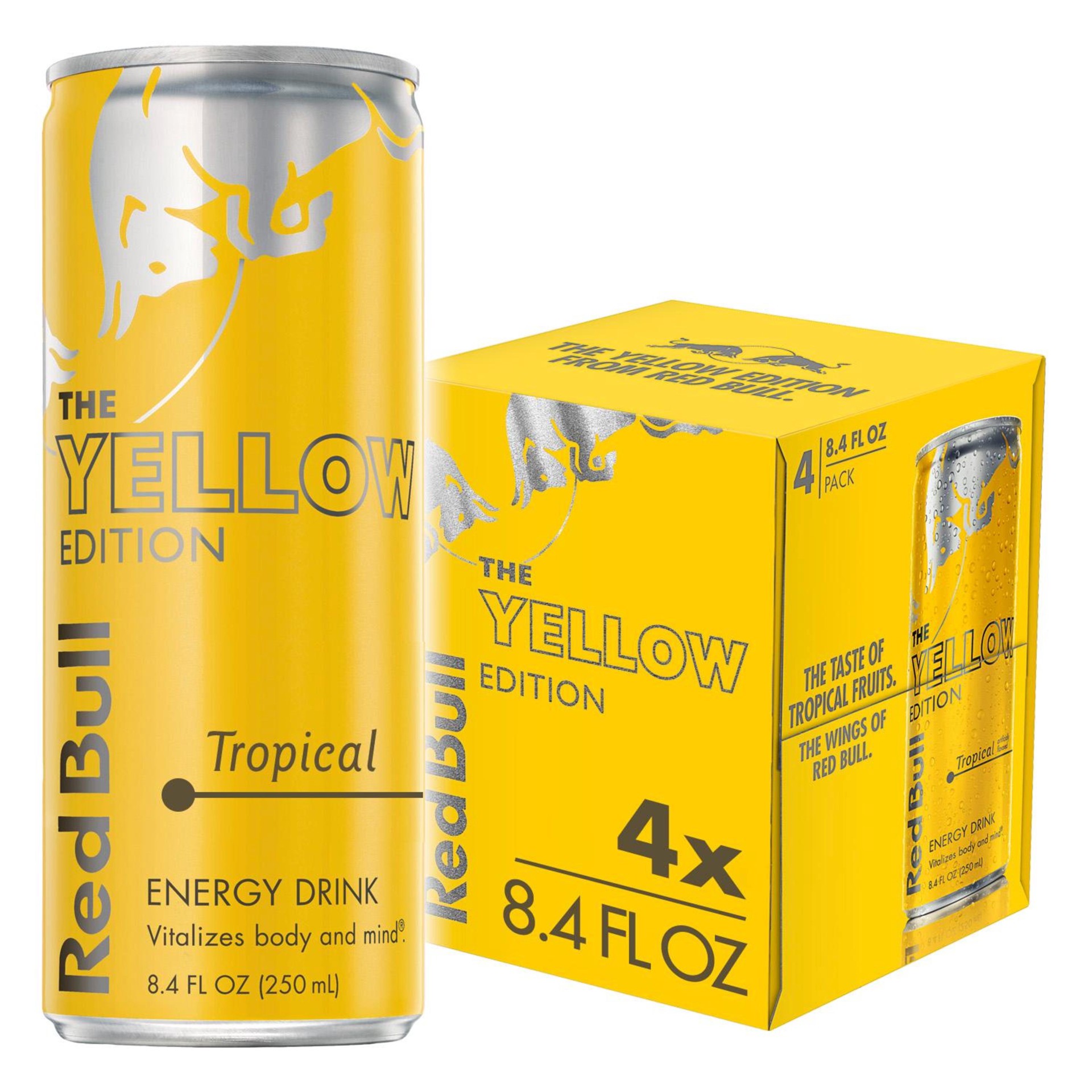 slide 1 of 9, Red Bull The Yellow Edition Tropical Energy Drink 4 - 8.4 fl oz Cans, 33.6 fl oz