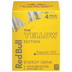 Red Bull Yellow Edition Energy Drink, Tropical, 80mg Caffeine, 8.4 fl oz, Pack of 4 Cans