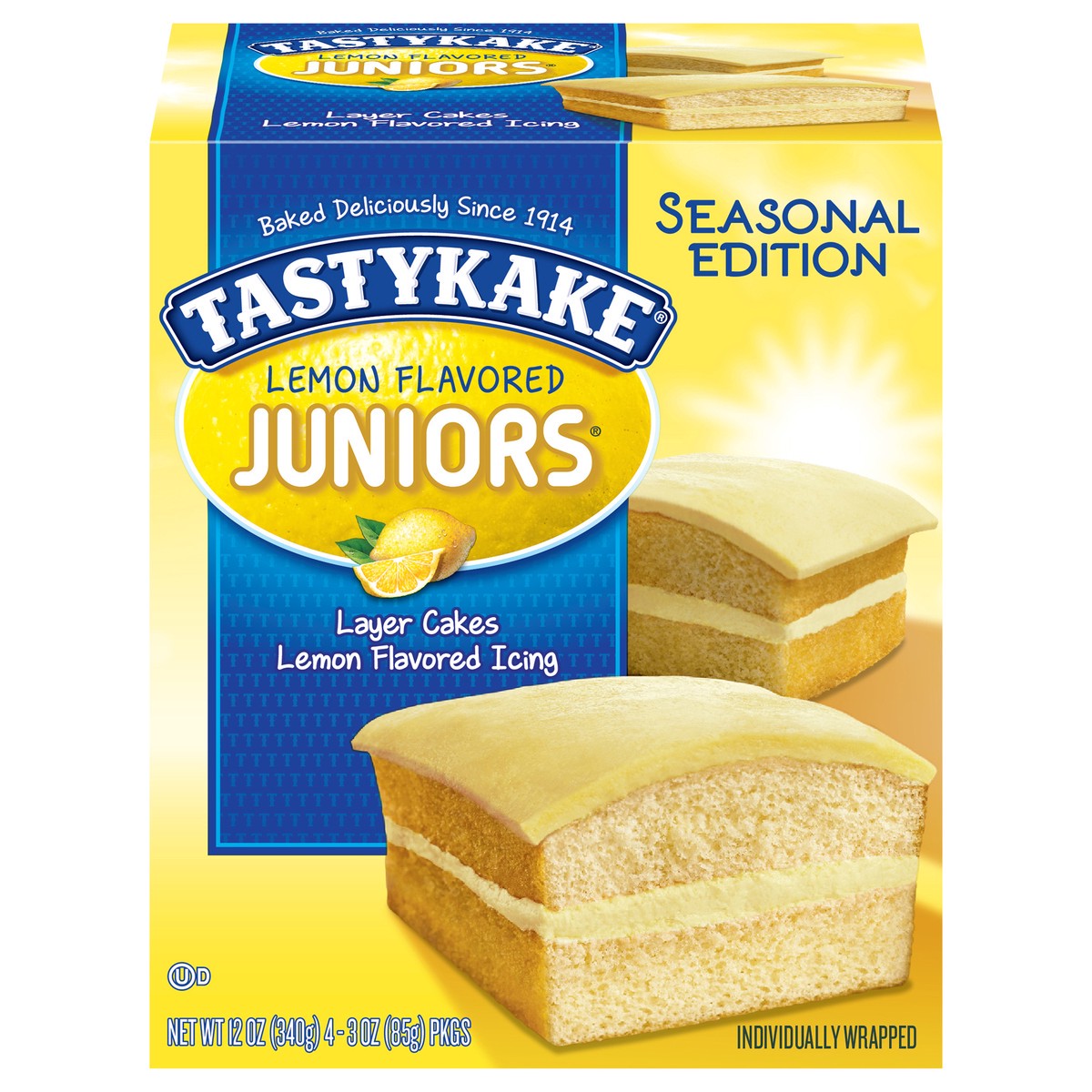 slide 1 of 1, Tastykake Lemon Juniors, Lemon Flavored Iced Cakes, 12 oz, 4 Count, 4 ct