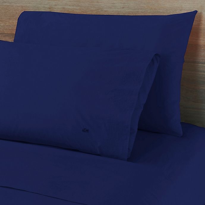 slide 1 of 3, Lacoste Solid Washed Cotton Percale 300-Thread-Count Queen Sheet Set - Blue Depths, 1 ct