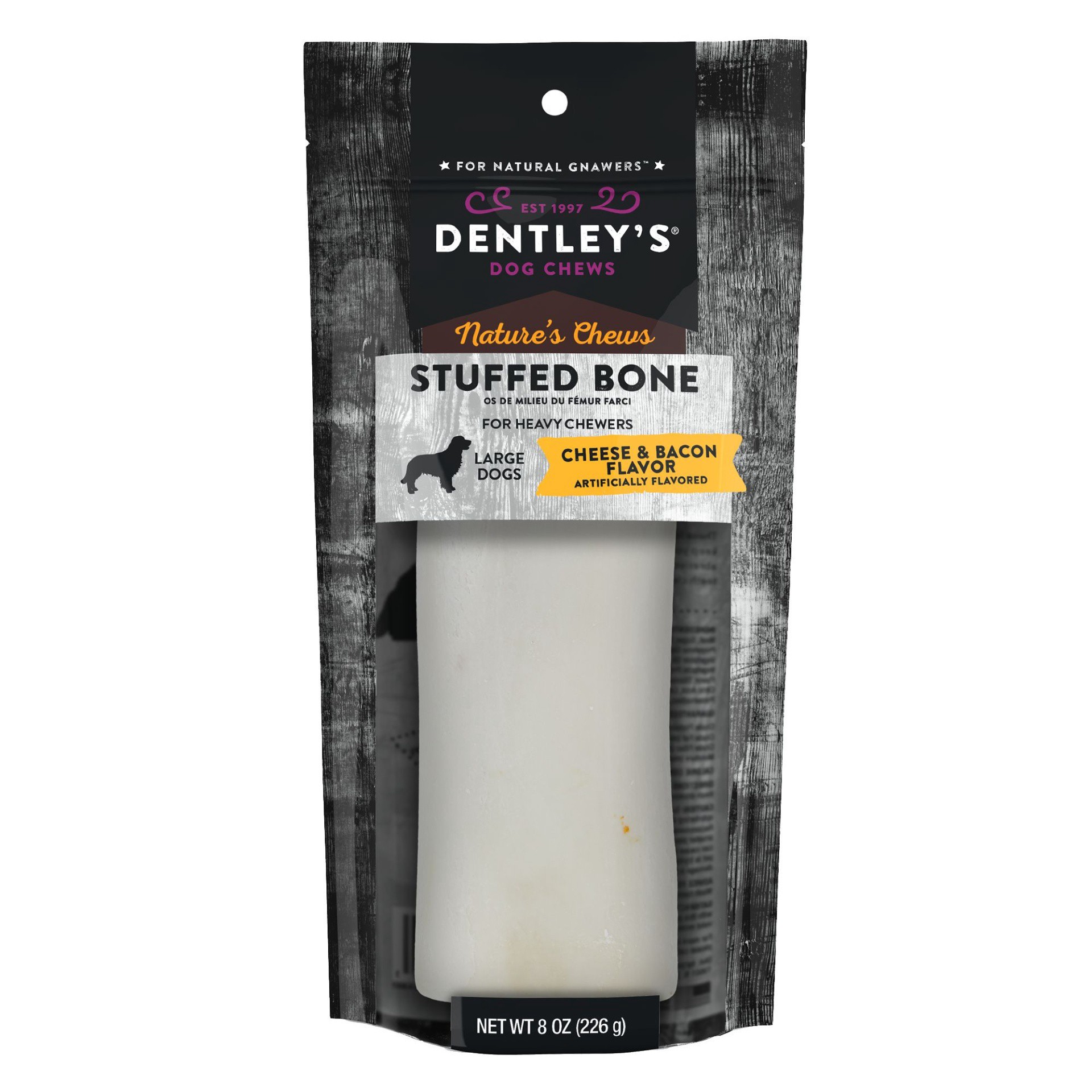 slide 1 of 1, Dentley's Medium Filled Femur Bone Dog Chew - Cheese & Bacon, LG