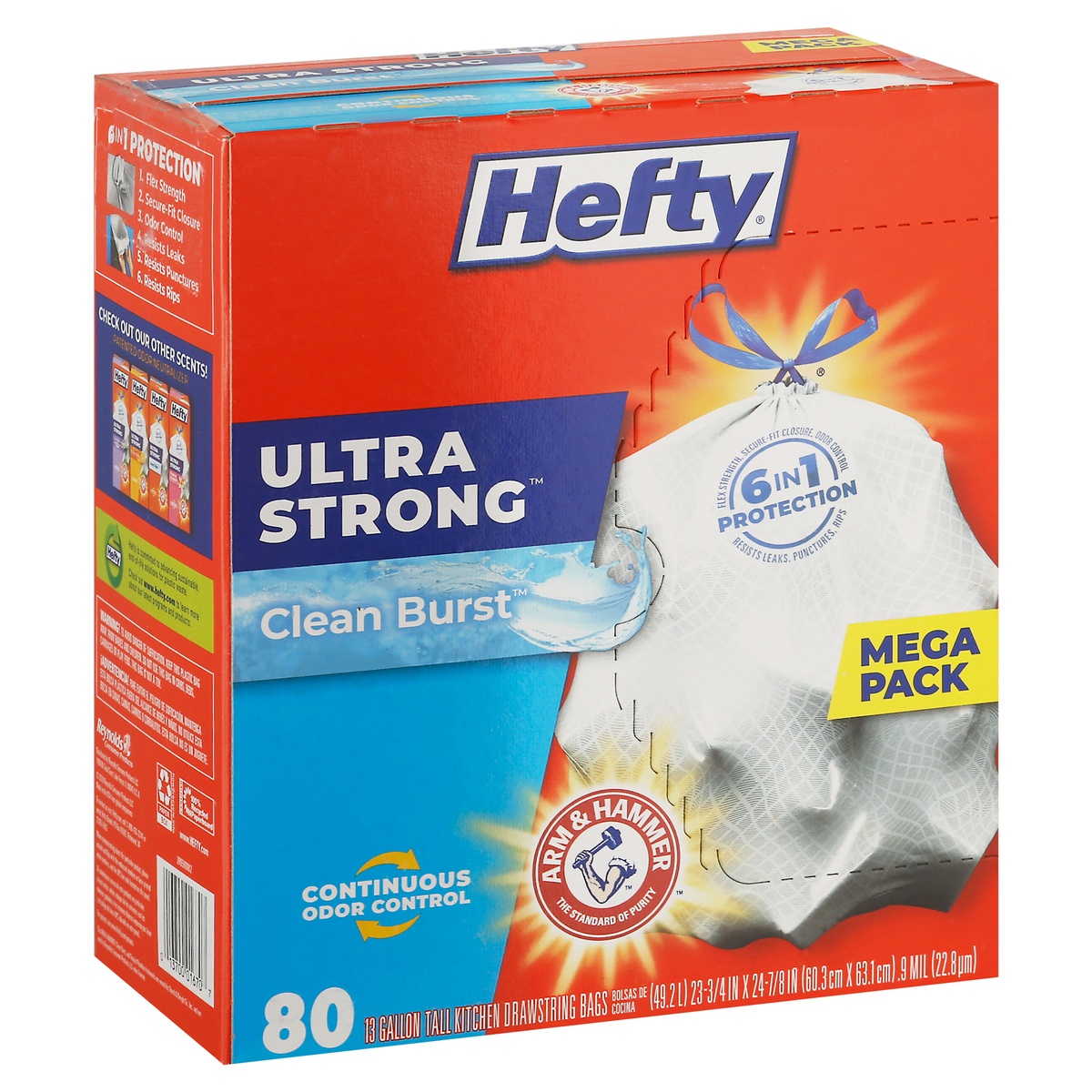 slide 2 of 9, Hefty Ultra Strong 13 Gallon Clean Burst Drawstring Tall Kitchen Bags Mega Pack 80 ea, 