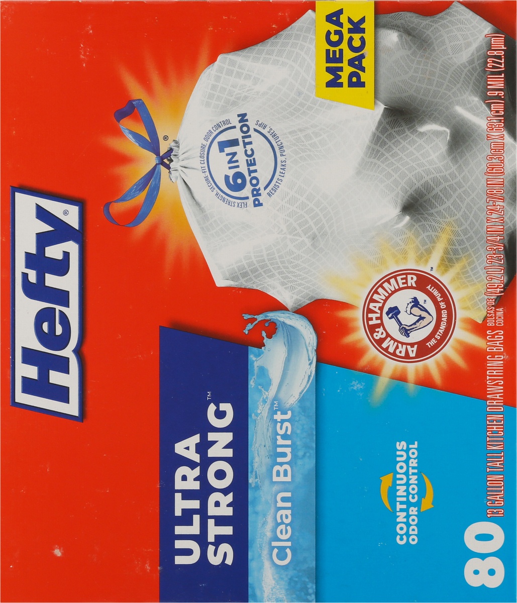 slide 4 of 9, Hefty Ultra Strong 13 Gallon Clean Burst Drawstring Tall Kitchen Bags Mega Pack 80 ea, 