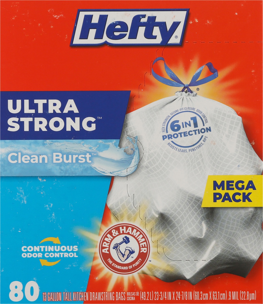 slide 6 of 9, Hefty Ultra Strong 13 Gallon Clean Burst Drawstring Tall Kitchen Bags Mega Pack 80 ea, 