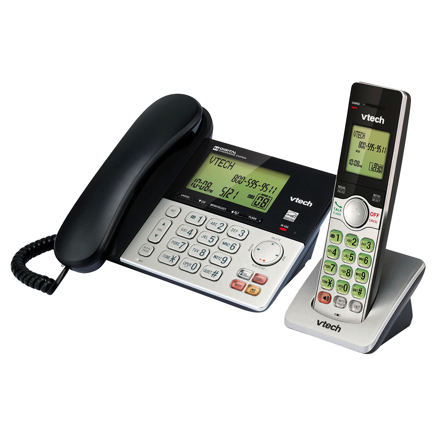 slide 2 of 2, VTech CS6949 DECT 6.0 Expandable Corded/Cordless Answering System With Dual Caller ID, Silver/Black, 1 ct