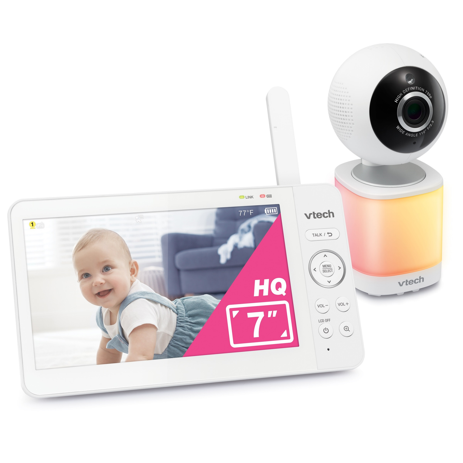 slide 2 of 4, VTech 7" Digital Video Baby Monitor with Pan-Tilt-Zoom, 600p High-Quality Display, and No WiFi, VM7468HQ (White), 7 in