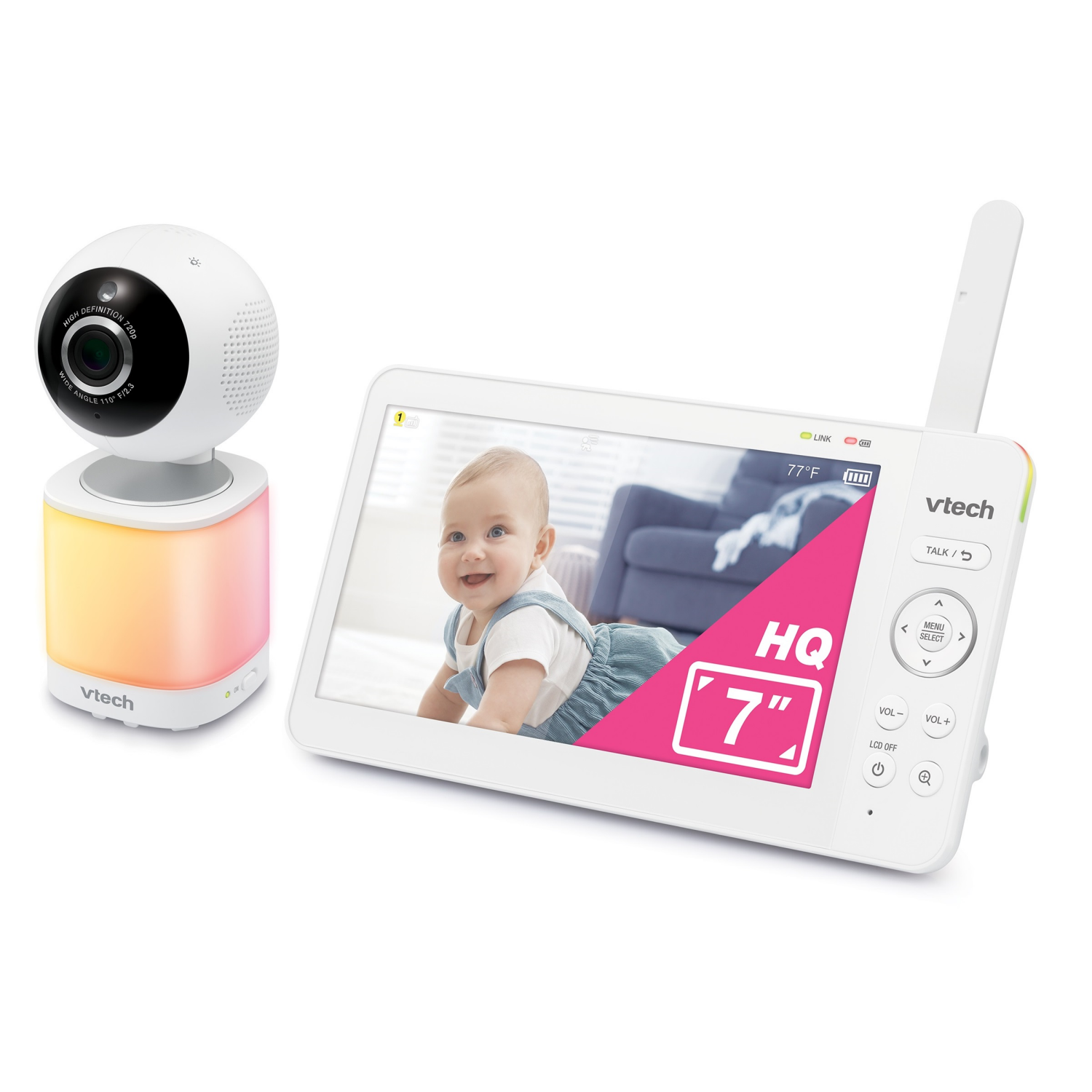 slide 3 of 4, VTech 7" Digital Video Baby Monitor with Pan-Tilt-Zoom, 600p High-Quality Display, and No WiFi, VM7468HQ (White), 7 in