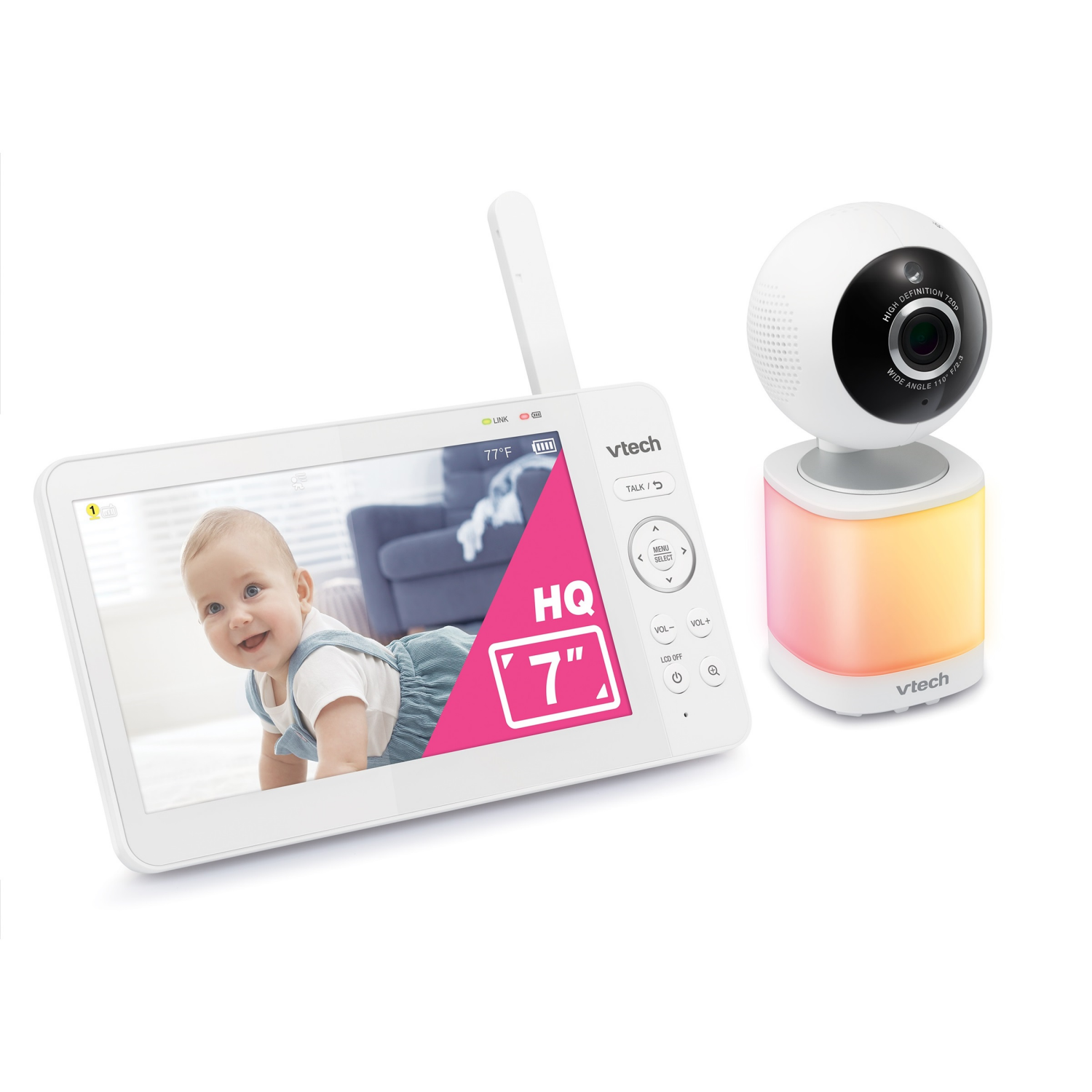 slide 4 of 4, VTech 7" Digital Video Baby Monitor with Pan-Tilt-Zoom, 600p High-Quality Display, and No WiFi, VM7468HQ (White), 7 in