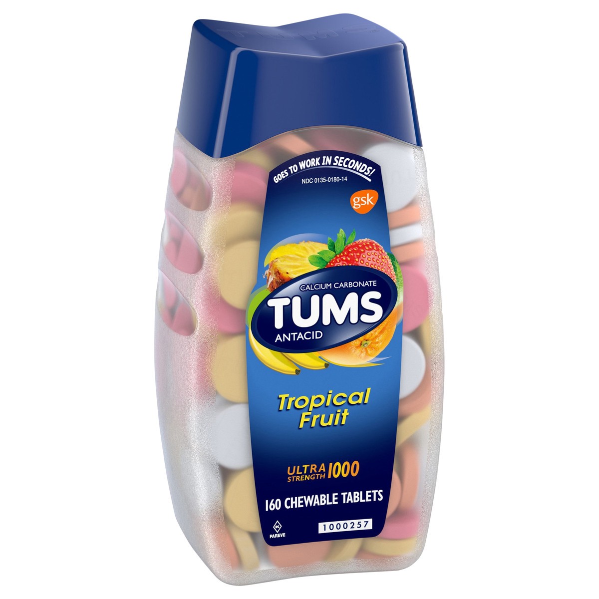 slide 2 of 9, TUMS Chewable Antacid Tablets for Ultra Strength Heartburn Relief, Tropical Fruit - 160 Count, 160 ct