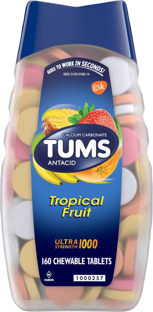 slide 6 of 9, TUMS Chewable Antacid Tablets for Ultra Strength Heartburn Relief, Tropical Fruit - 160 Count, 160 ct