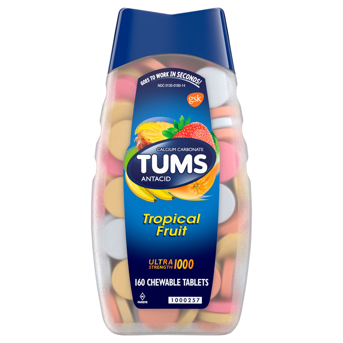 slide 1 of 9, TUMS Chewable Antacid Tablets for Ultra Strength Heartburn Relief, Tropical Fruit - 160 Count, 160 ct