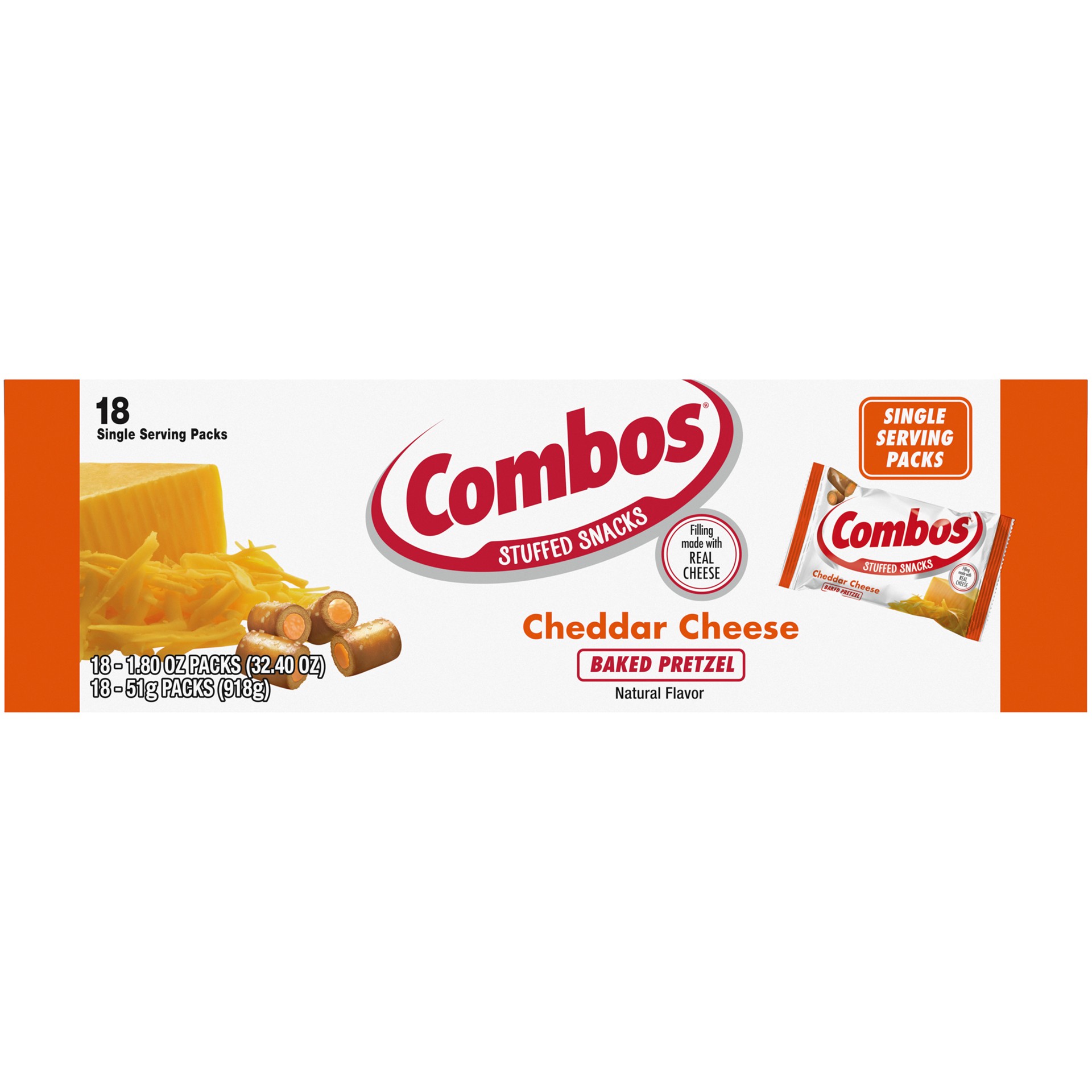 slide 1 of 3, COMBOS Stuffed Snacks Cheddar Cheese Baked Pretzel Snacks Bulk Box, 1.8 oz Bag, 18 ct Box, 32.4 oz