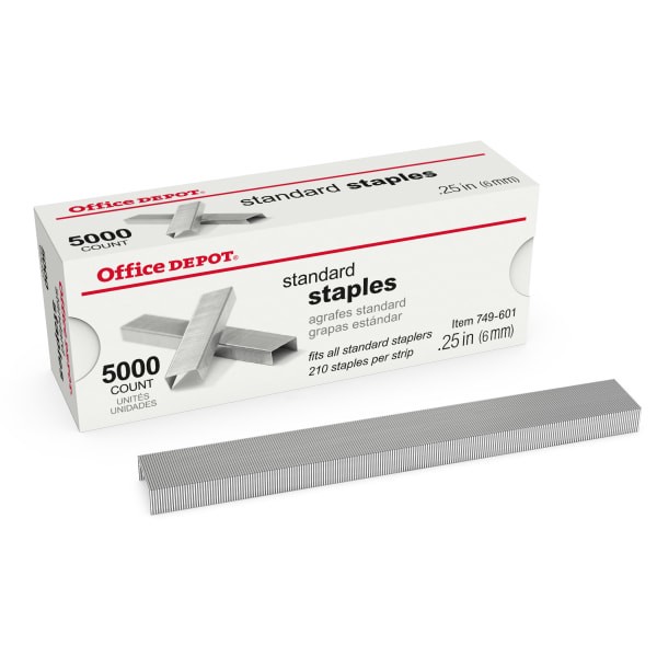 slide 3 of 3, Office Depot Brand Staples, 1/4'' Standard, Full Strip, Box Of 5,000, 5 ct