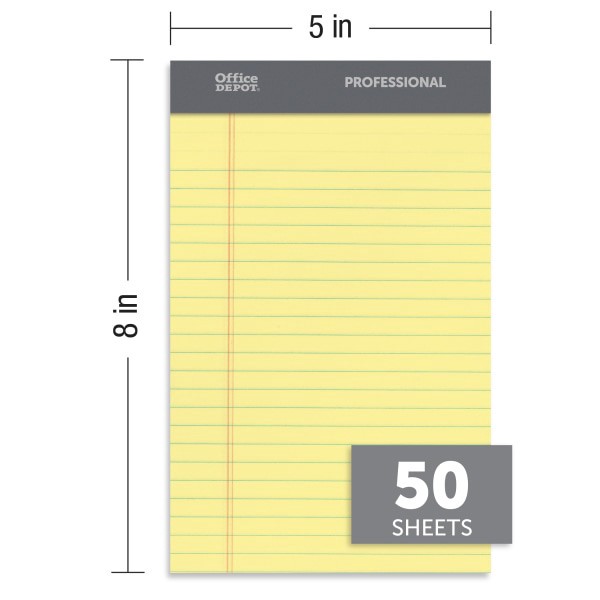 slide 2 of 6, Office Depot Brand Professional Perforated Pads, 5'' X 8'', Narrow Ruled, 50 Sheets Per Pad, Canary, Pack Of 8 Pads, 8 ct