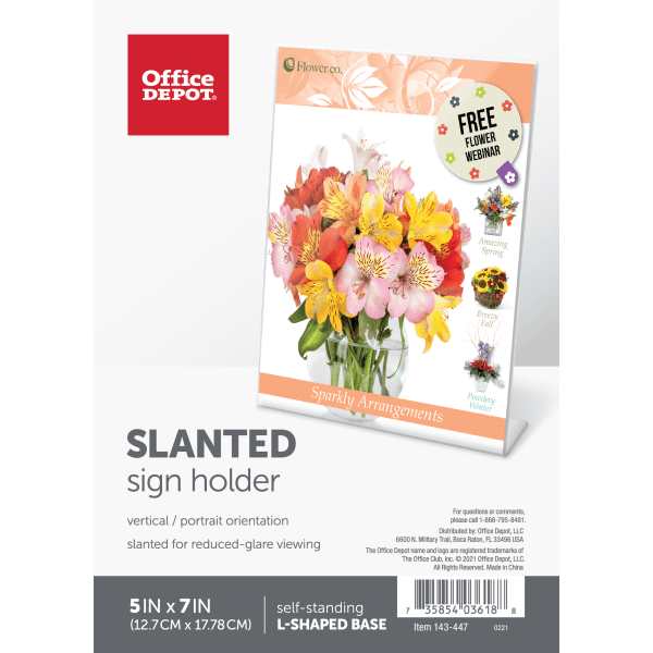 slide 3 of 5, Office Depot Brand Slanted Sign Holder, Vertical, Clear, 7 3/16 in x 5 1/16 in