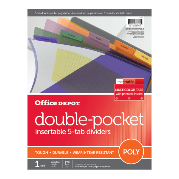 slide 2 of 2, Office Depot Brand Double Pocket Insertable Plastic Divider, 5-Tab, 9 1/2'' X 11 1/4'', Assorted Colors, 1 ct