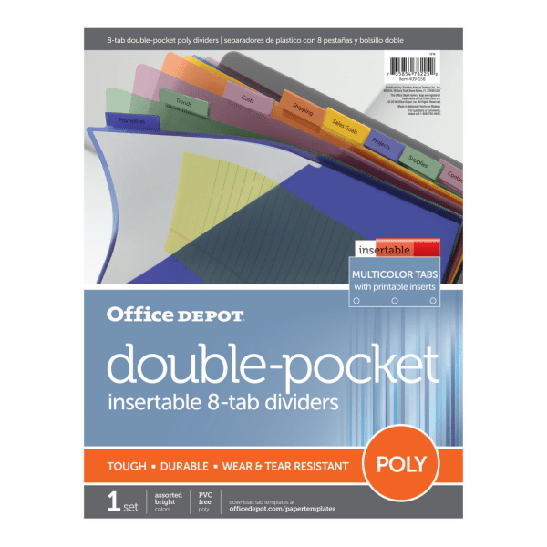 slide 2 of 2, Office Depot Brand Double-Pocket Insertable Plastic Divider, 8-Tab, 9 1/2'' X 11 1/4'', Assorted Colors, 1 ct