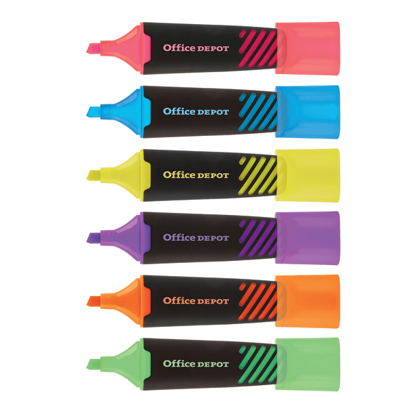 slide 5 of 8, Office Depot Brand Liquid Highlighters, Chisel Point, Black/Translucent Barrel, Assorted Ink Colors, Pack Of 6, 6 ct