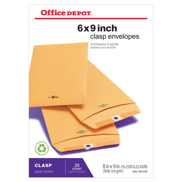 slide 3 of 4, Office Depot Brand 6" X 9" Manila Envelopes, Clasp Closure, Brown Kraft, Box Of 25, 25 ct