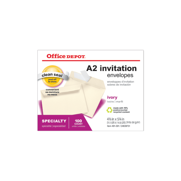 Office Depot Brand Invitation Envelopes, A2, Clean Seal, 4 3/8'' X 5 3/