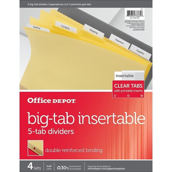 slide 3 of 4, Office Depot Insertable Dividers with Big Tabs, Buff, Clear Tabs, 5-Tab, 4 ct