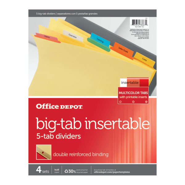 slide 2 of 2, Office Depot Brand Insertable Dividers With Big Tabs, Buff, Assorted Colors, 5-Tab, Pack Of 4 Sets, 4 ct
